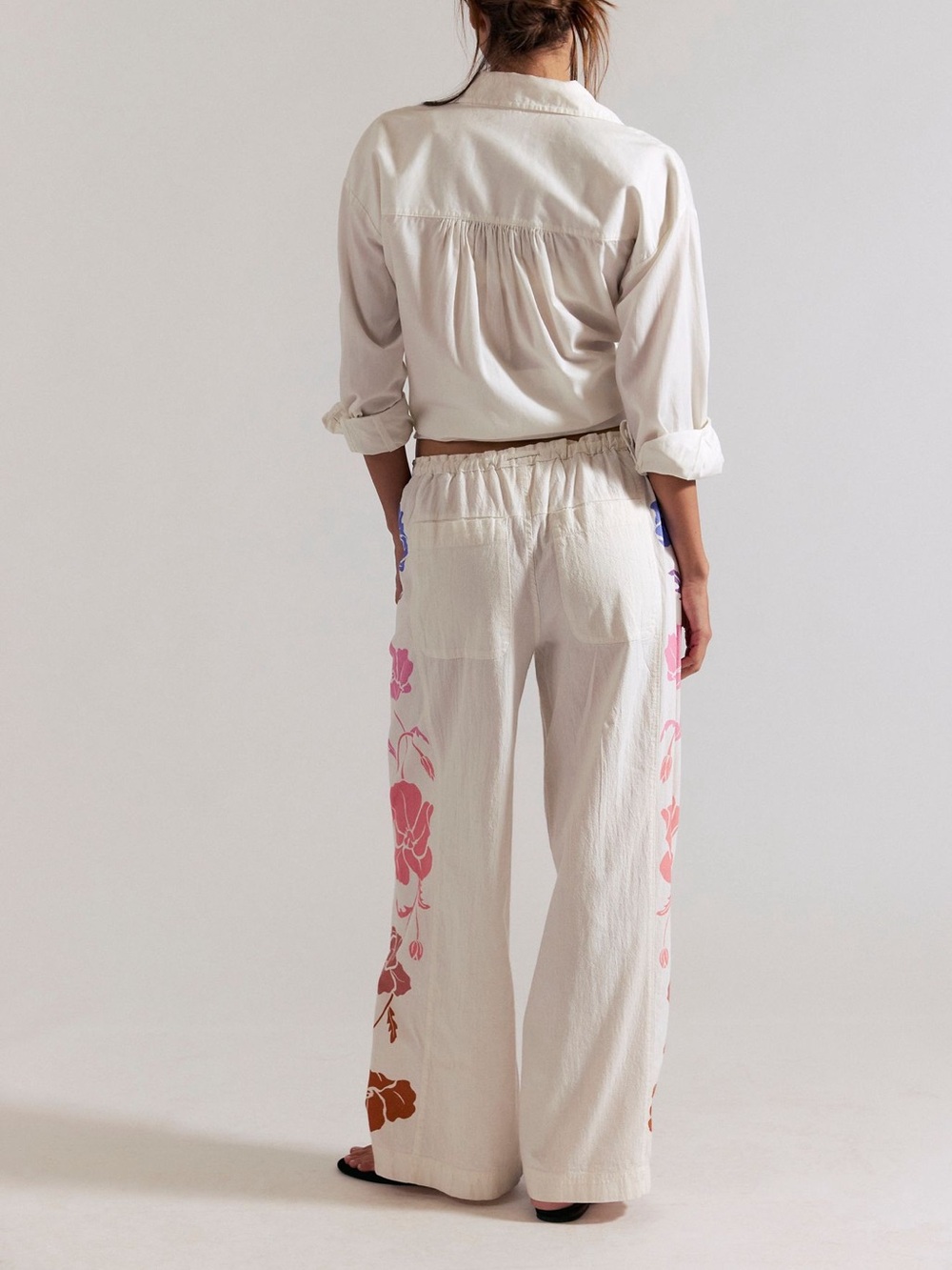 Anthropologie White Wide-Leg Drawstring Pants with Pink & Brown Floral Print - Picture 3 of 4
